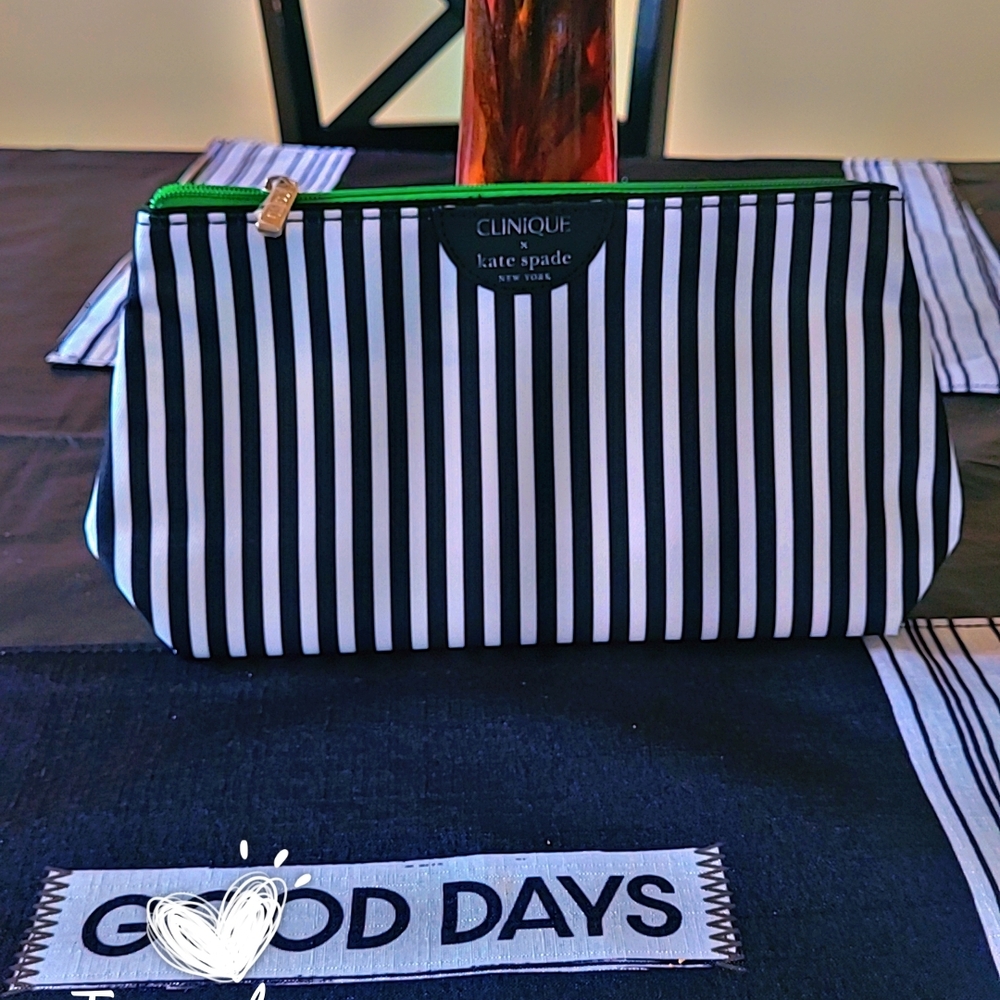 Kate Spade Black and White Striped Cosmetic Bag